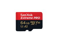 SanDisk Extreme Pro - Flash-minneskort (microSDXC till SD-adapter inkluderad) - 64 GB - A2 / Video Class V30 / UHS-I U3 / Class10 - mikroSDXC UHS-I SDSQXCU-064G-GN6MA
